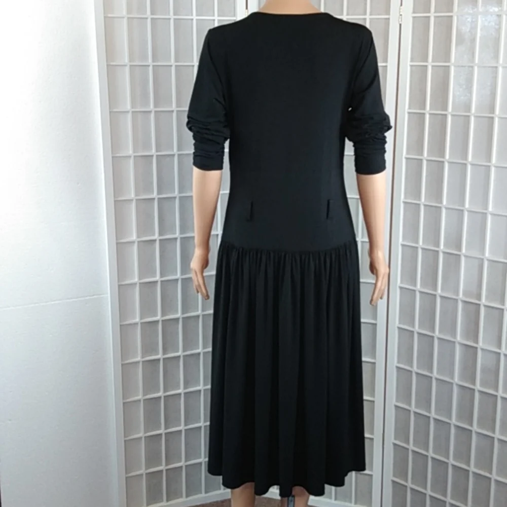 Marc Bouwer Black Pleated Midi Dress Women's‎ Size Small Long Sleeves Knit
